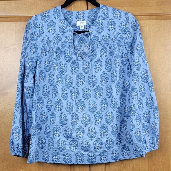 J. Crew Blue Floral Split Neck Popover 3/4 Sleeve Cotton Top - XS - Picture 2 of 7